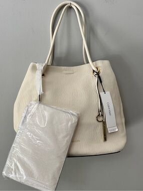 NWT Calvin Klein Reversible White/Tan Tote Bag with Pouch & Dust Bag